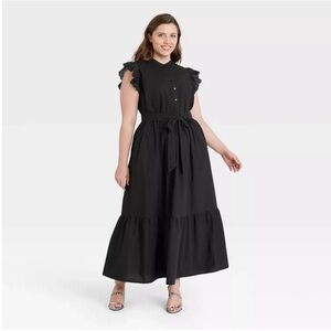Who What Wear Ruffle Sleeve Midi Dress Black Eyelet Tiered Belted